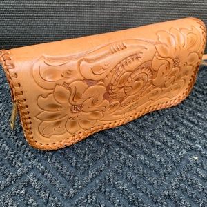 Clifton’s Leather Clutch Hand Tooled Vintage Floral Laced Wristlet